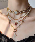 Stylish Gold Clock Love Pearl Layering Titanium Steel Two Piece Set Pendant Necklace