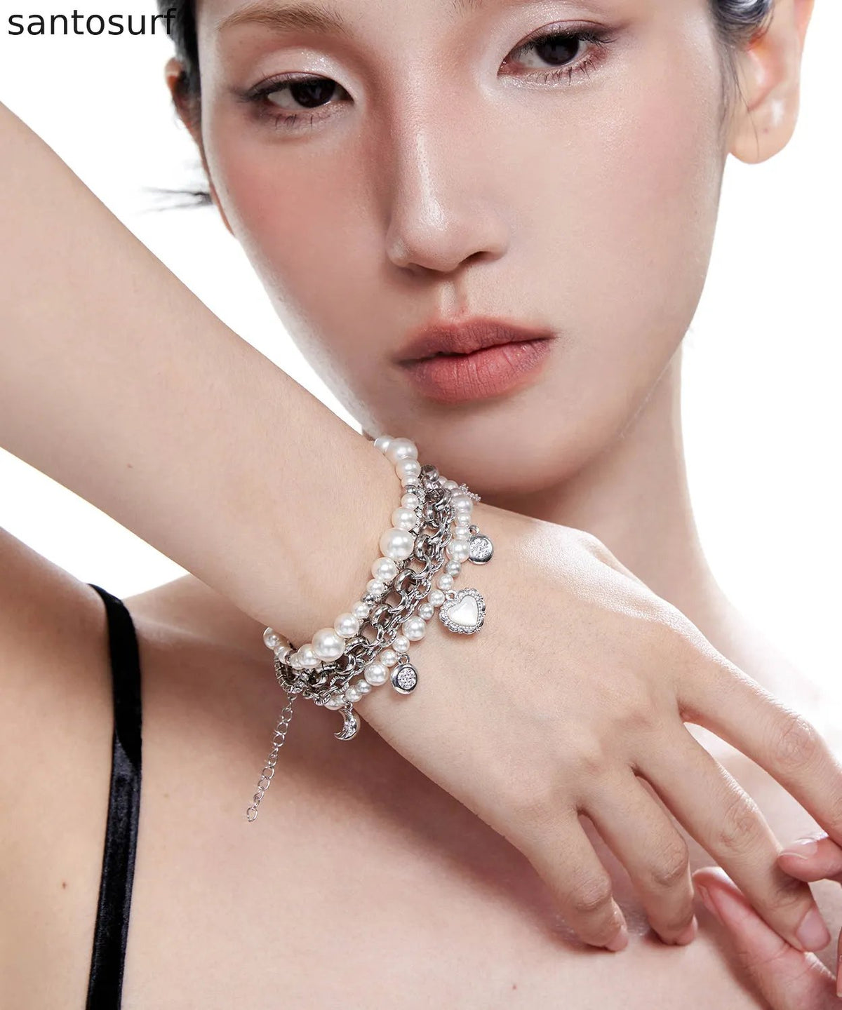 Unique White Pearl Love Heart Pendant Multi Layered Alloy Bracelet