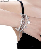 Unique White Pearl Love Heart Pendant Multi Layered Alloy Bracelet