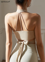 Apricot Cold Shoulder Backless Wrinkled Bra Crop Top