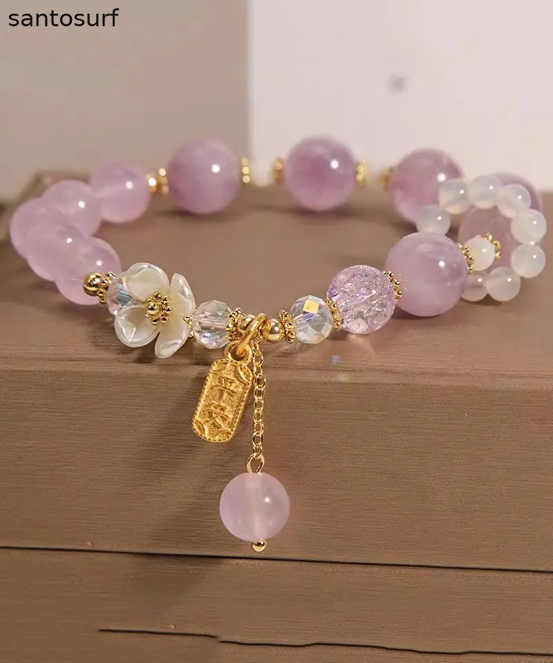 Art Light Purple Crystal Chalcedony Floral Tassel Charm Bracelet