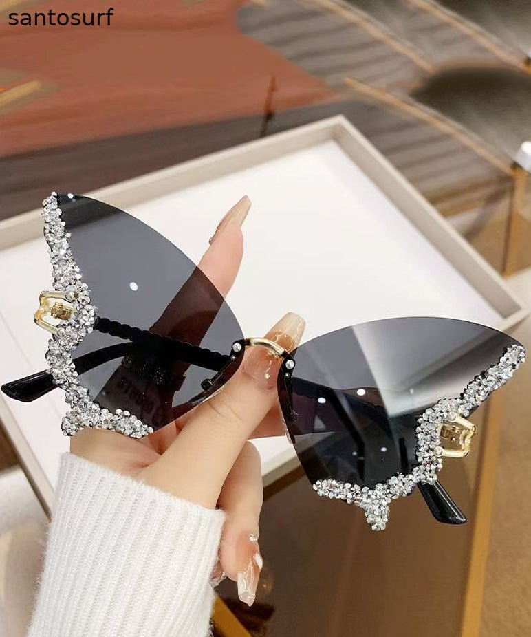 Modern Dark Grey Metal Zircon Butterfly UV Protection Sunglasses