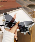 Modern Dark Grey Metal Zircon Butterfly UV Protection Sunglasses