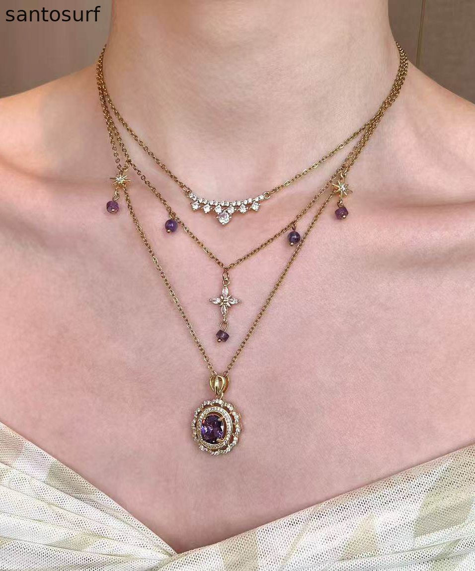 Retro Purple Zircon Layering Alloy Two Piece Set Pendant Necklace