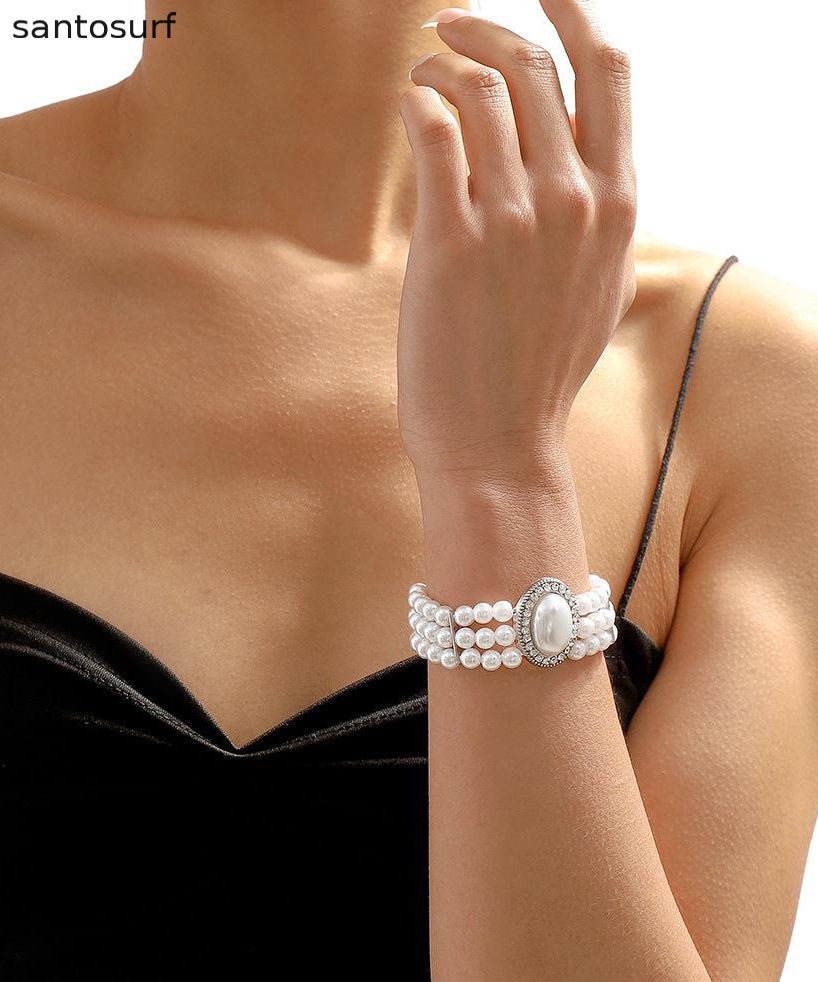 Elegant Gold Copper Alloy Pearl Zircon Resin Tassel Chain Bracelet