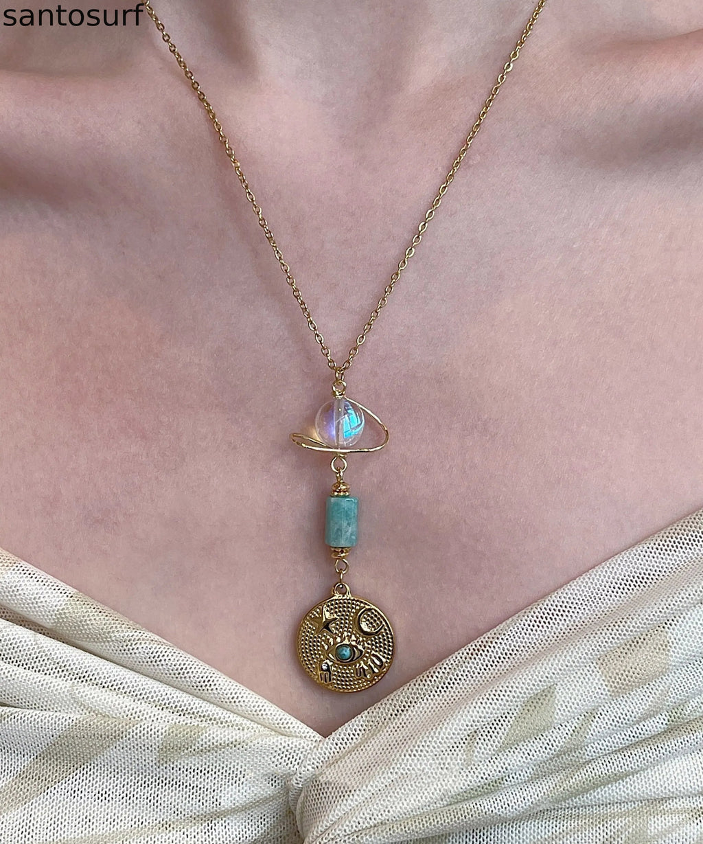 Fine Green Tianhe Stone Evil Eye Beads Layering Titanium Steel Two Piece Set Pendant Necklace