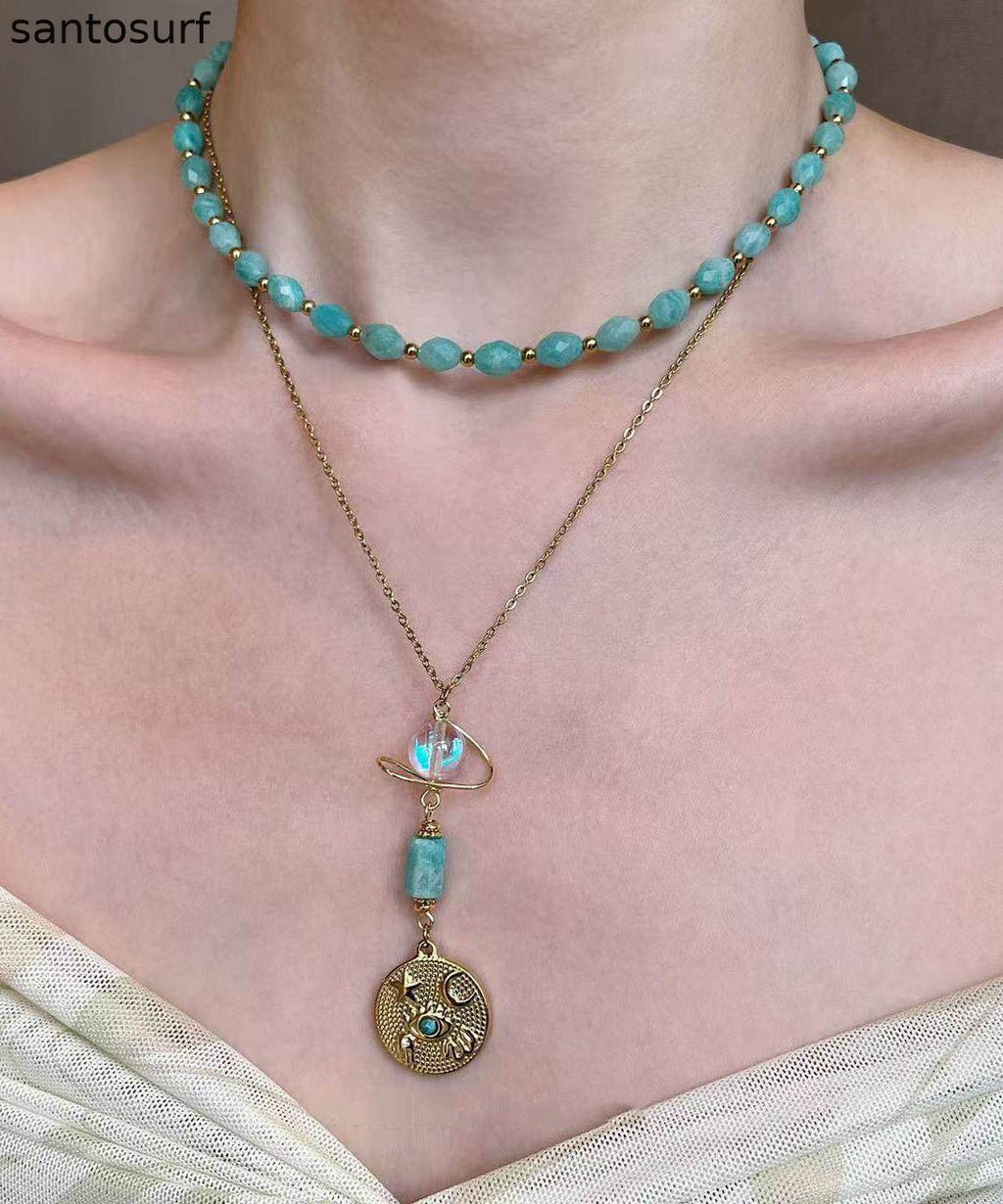 Fine Green Tianhe Stone Evil Eye Beads Layering Titanium Steel Two Piece Set Pendant Necklace
