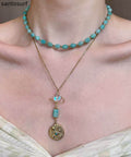 Fine Green Tianhe Stone Evil Eye Beads Layering Titanium Steel Two Piece Set Pendant Necklace
