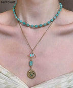 Fine Green Tianhe Stone Evil Eye Beads Layering Titanium Steel Two Piece Set Pendant Necklace