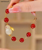 Style Red Jade Rabbit Pearl Charm Bracelet