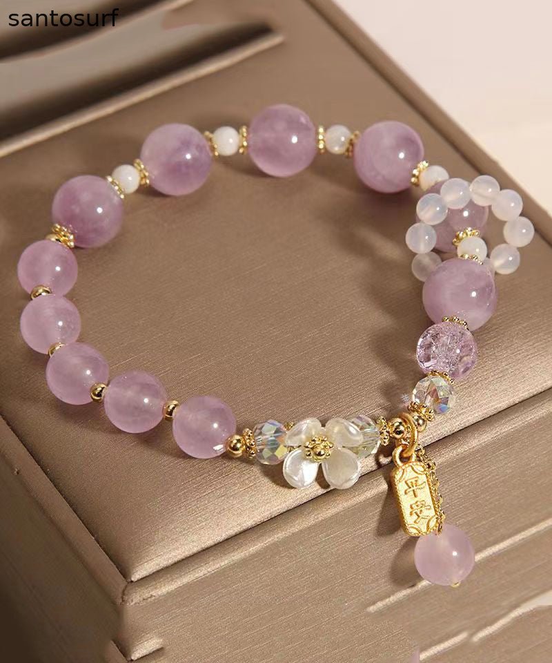 Art Light Purple Crystal Chalcedony Floral Tassel Charm Bracelet