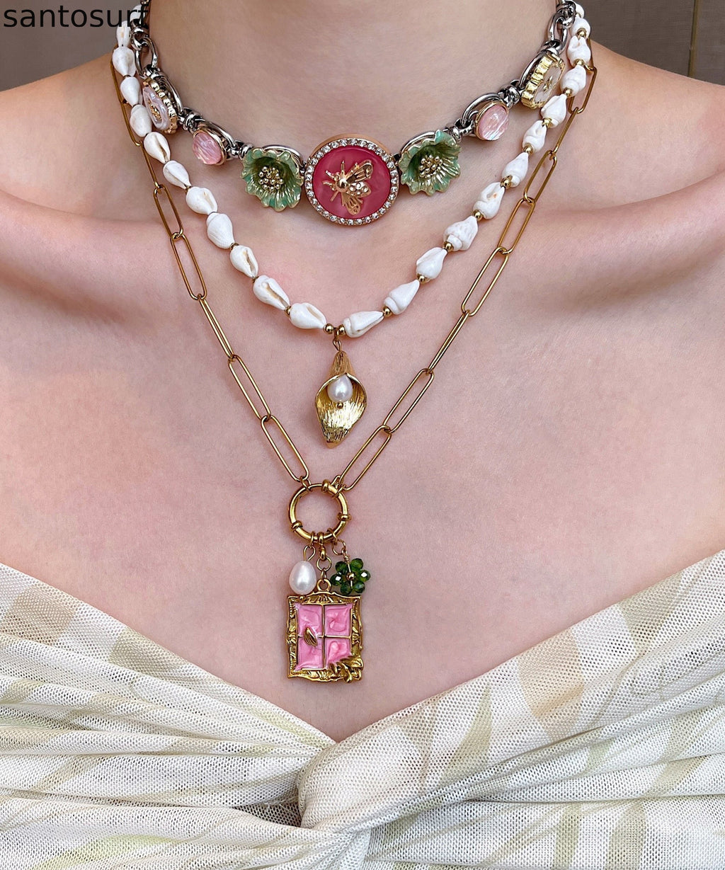 Elegant White Shell Floral Layering Alloy Three Piece Set Pendant Necklace
