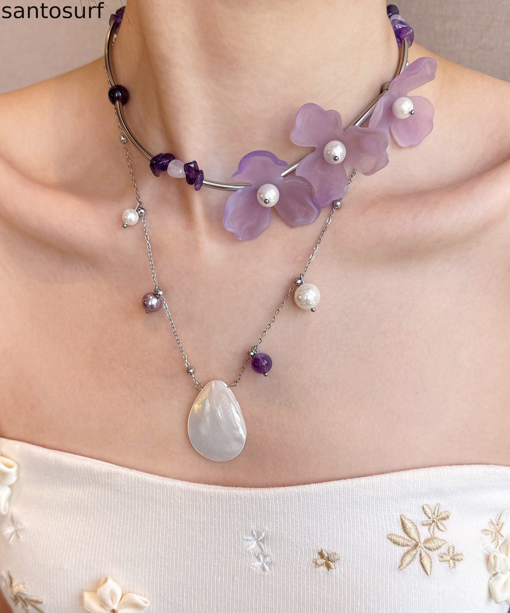 Floral Purple Pearl Shell Alloy Two Piece Set Pendant Necklace
