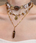 Floral Brown Tiger's Eye Pearl Butterfly Titanium Steel Three Piece Set Pendant Necklace