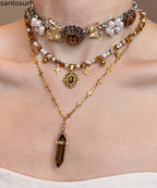 Floral Brown Tiger's Eye Pearl Butterfly Titanium Steel Three Piece Set Pendant Necklace