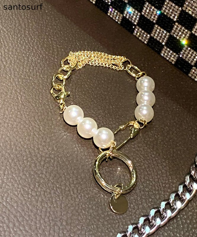 Fine Gold Stainless Steel Alloy Pearl Chain Charm Bracelet