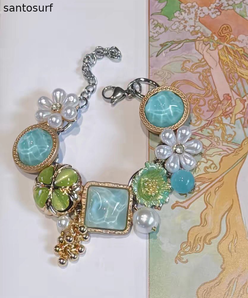 Holiday Colorblock Stainless Steel Floral Pearl Tassel Charm Bracelet
