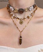 Floral Brown Tiger's Eye Pearl Butterfly Titanium Steel Three Piece Set Pendant Necklace