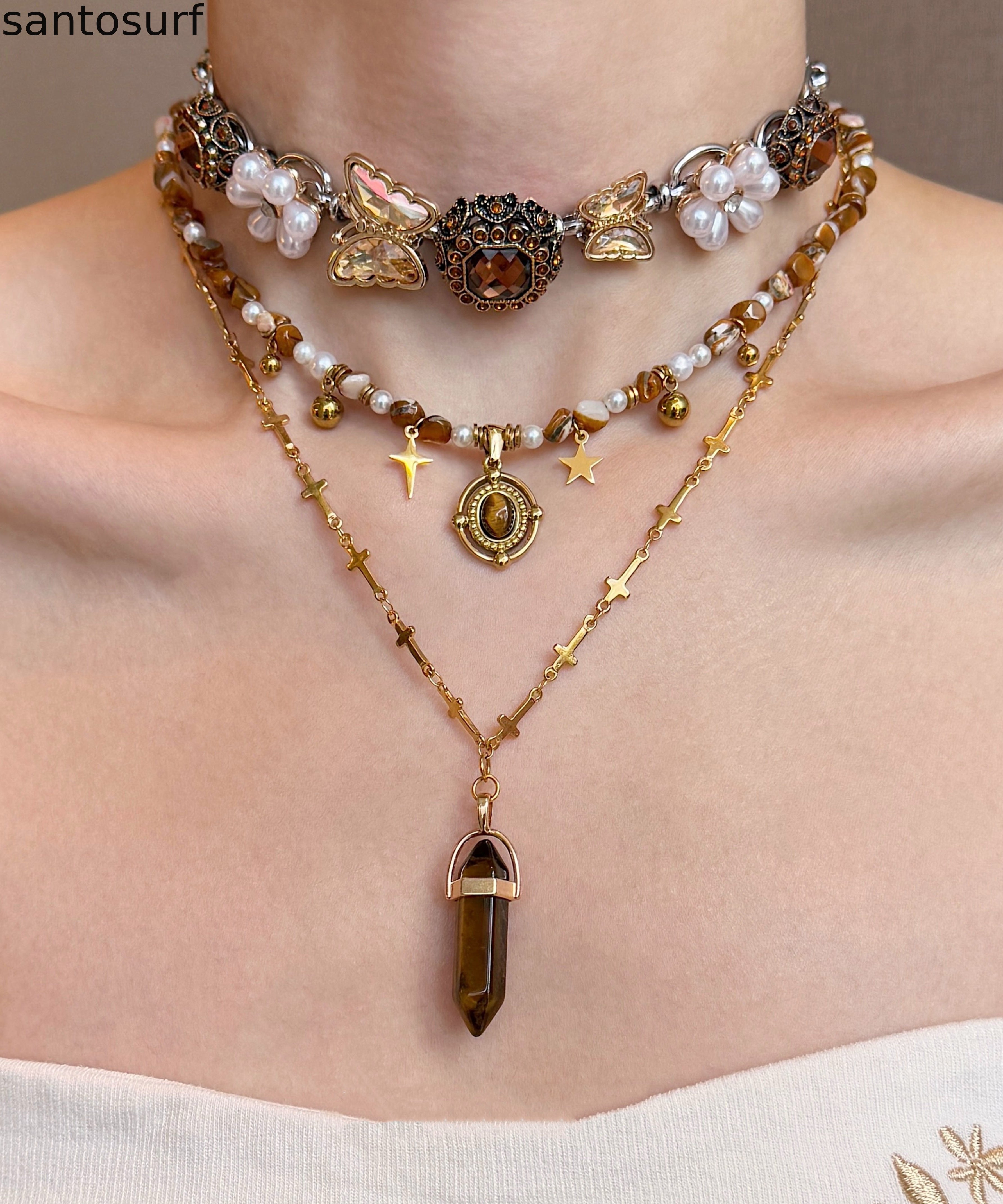 Floral Brown Tiger's Eye Pearl Butterfly Titanium Steel Three Piece Set Pendant Necklace