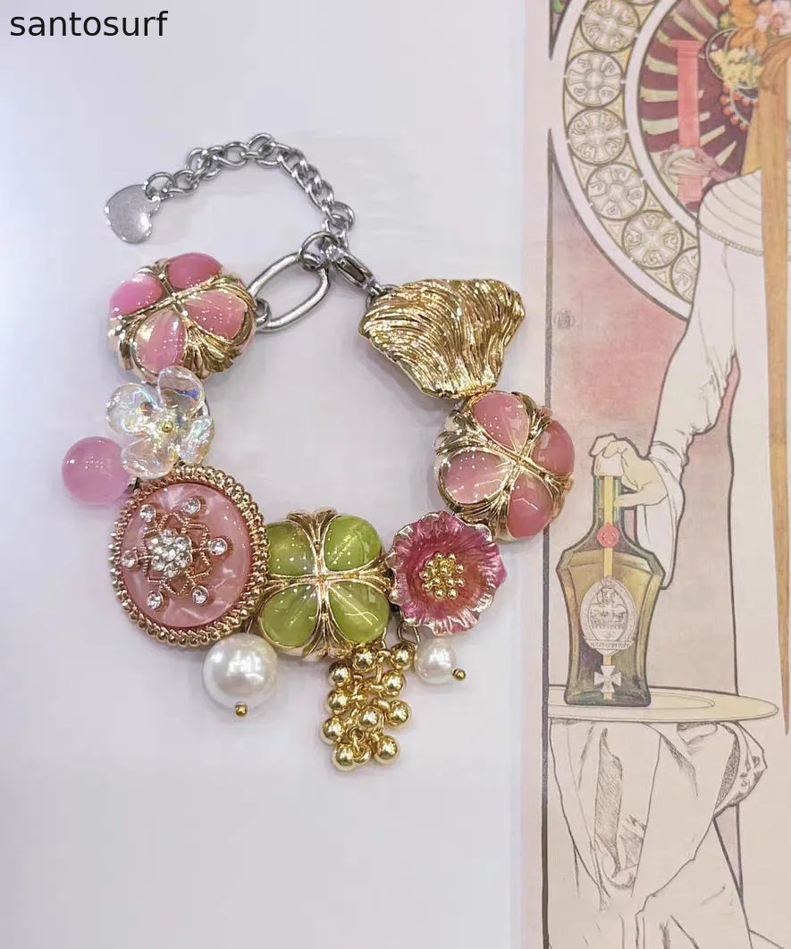 Fashion Rainbow Stainless Steel Floral Pearl Tassel Charm Bracelet