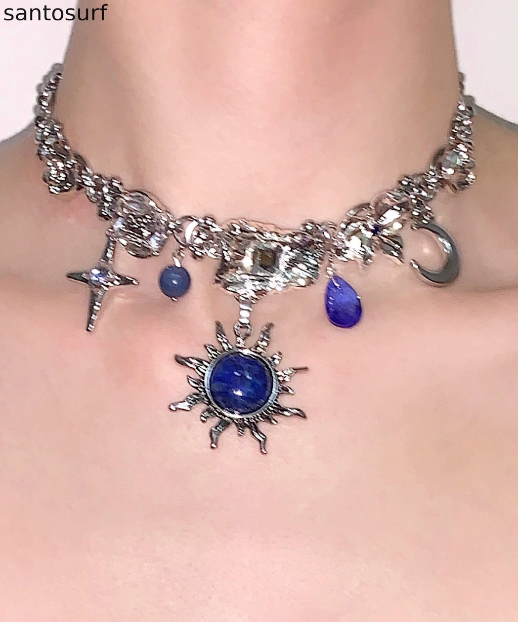 Women Blue Sun Zircon Moon Alloy Pendant Choker