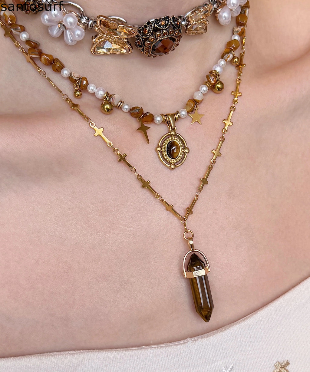 Floral Brown Tiger's Eye Pearl Butterfly Titanium Steel Three Piece Set Pendant Necklace