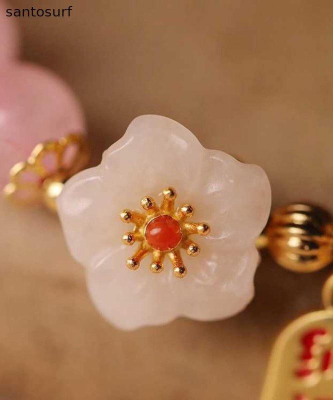 Cute Pink Sterling Silver Alloy Crystal Peach Blossom Charm Bracelet