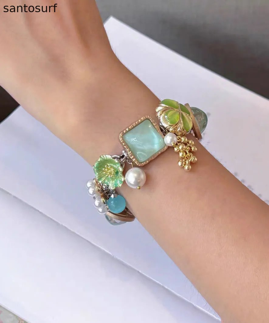 Holiday Colorblock Stainless Steel Floral Pearl Tassel Charm Bracelet