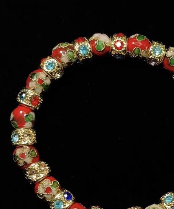 Vintage Red Acrylic Stringing Beads Zircon Alloy Charm Bracelet