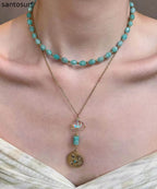 Fine Green Tianhe Stone Evil Eye Beads Layering Titanium Steel Two Piece Set Pendant Necklace