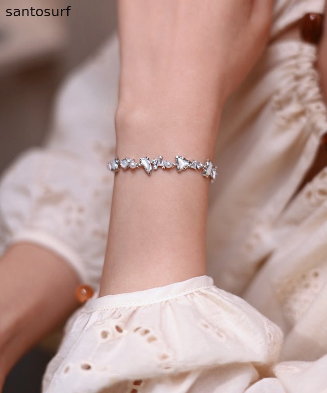 Chic White Natural Freshwater Pearl Mother Of Pearl Zircon Adjustable Silver Bracelet