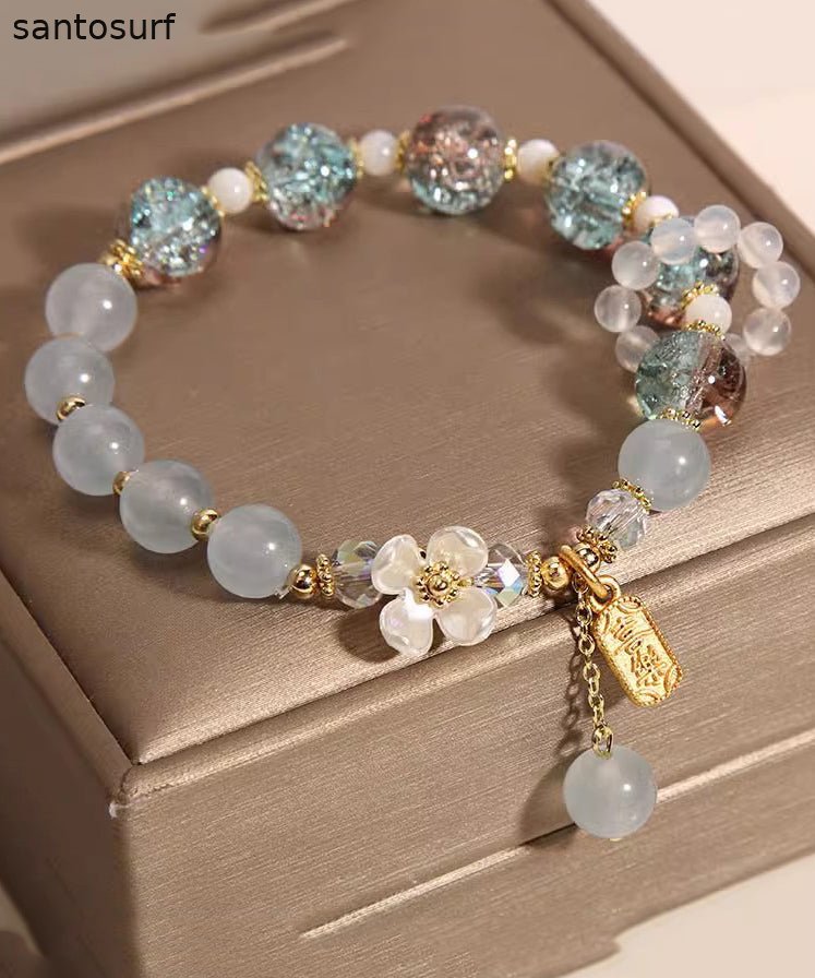 Art Light Purple Crystal Chalcedony Floral Tassel Charm Bracelet