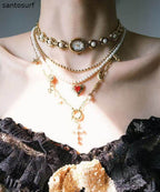 Stylish Gold Clock Love Pearl Layering Titanium Steel Two Piece Set Pendant Necklace