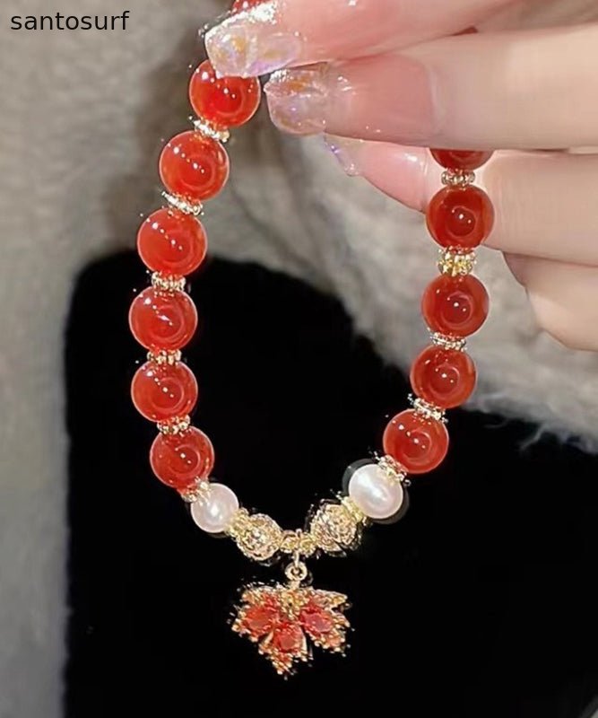 Chinese Style Red Copper Alloy Agate Maple Leaf Pearl Charm Bracelet
