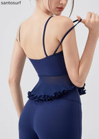 Hot Navy Ruffled Patchwork Sexy Sports Bra