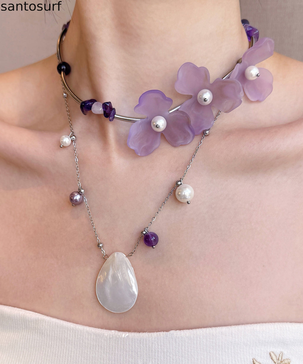 Floral Purple Pearl Shell Alloy Two Piece Set Pendant Necklace