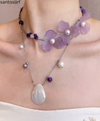 Floral Purple Pearl Shell Alloy Two Piece Set Pendant Necklace