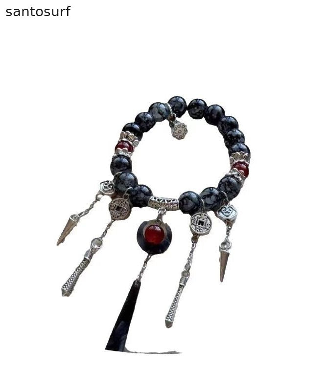 Boutique  Black Sterling Silver Crystal Gem Stone Tassel Charm Bracelet