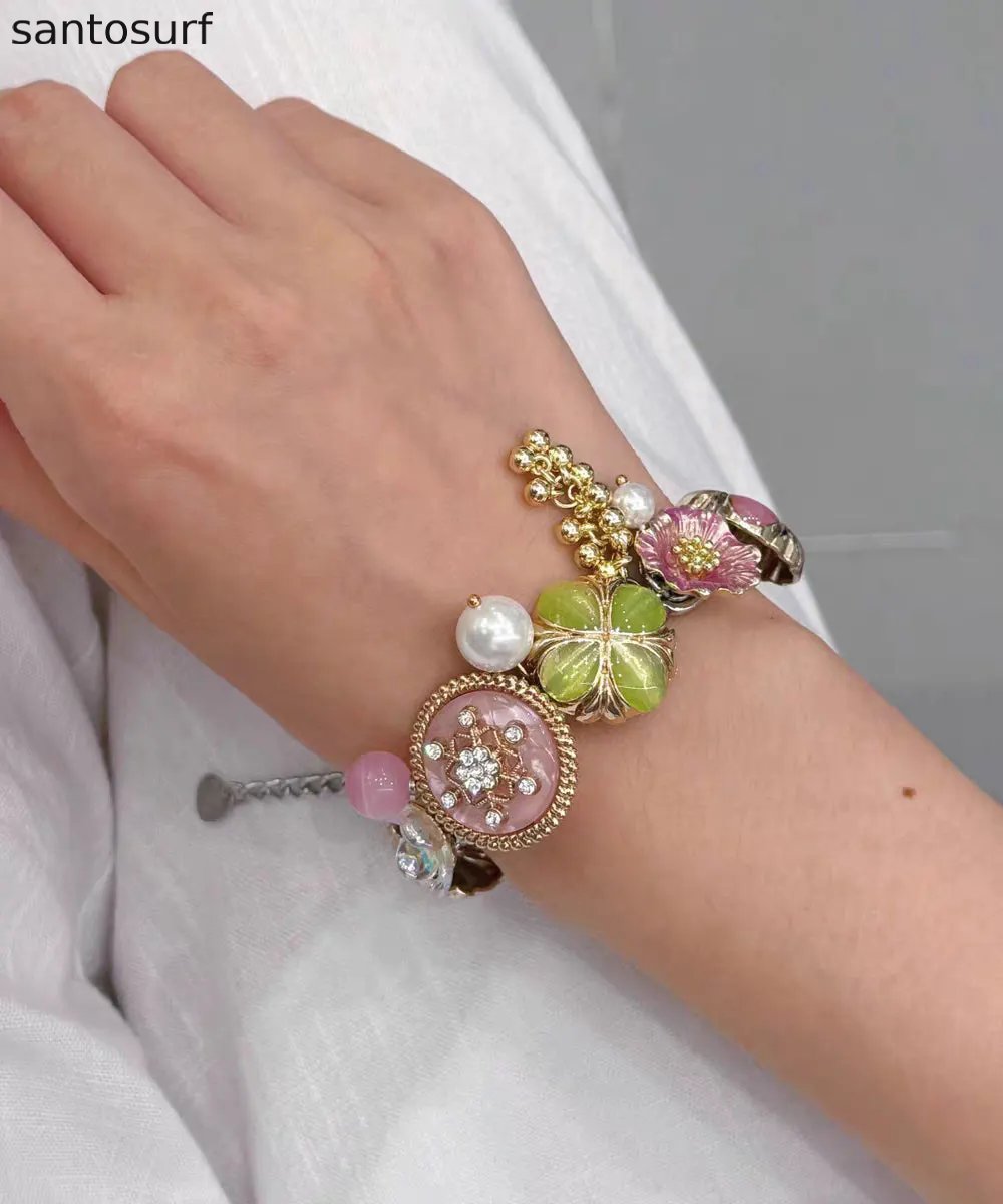 Fashion Rainbow Stainless Steel Floral Pearl Tassel Charm Bracelet