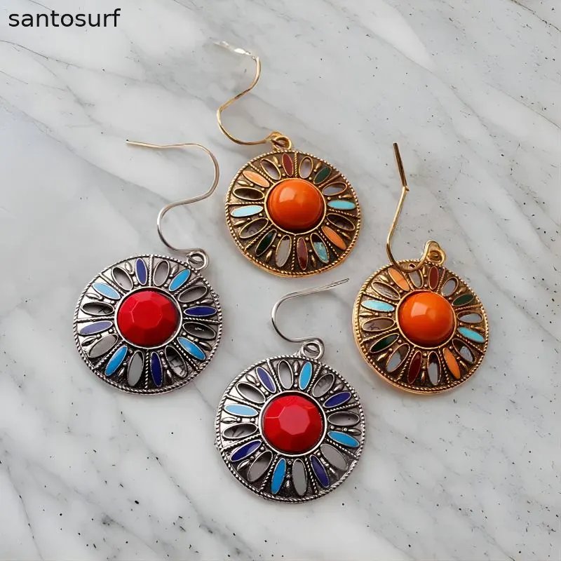 Antique Bronze with Orange/Blue Boho Chic Statement Earrings