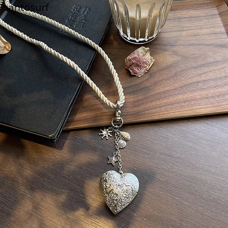Vintage Heart Charm Rope Necklace