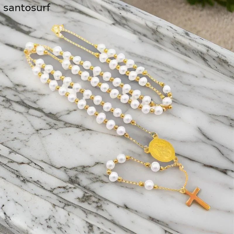 Pearls Virgin Mary Necklace In Gold