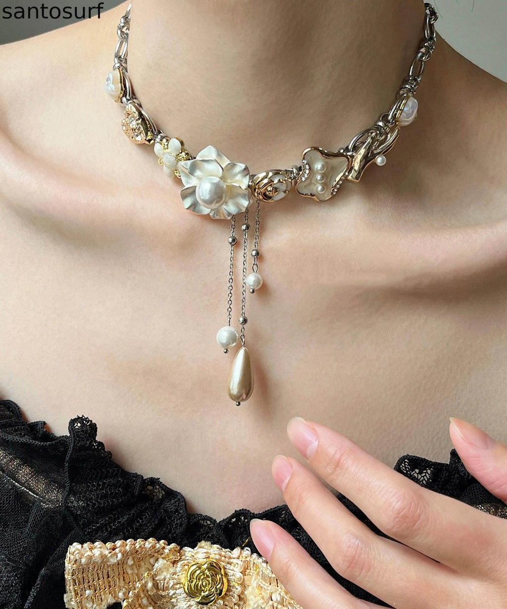 Chic White Floral Tassel Pearl Adjustable Alloy Choker