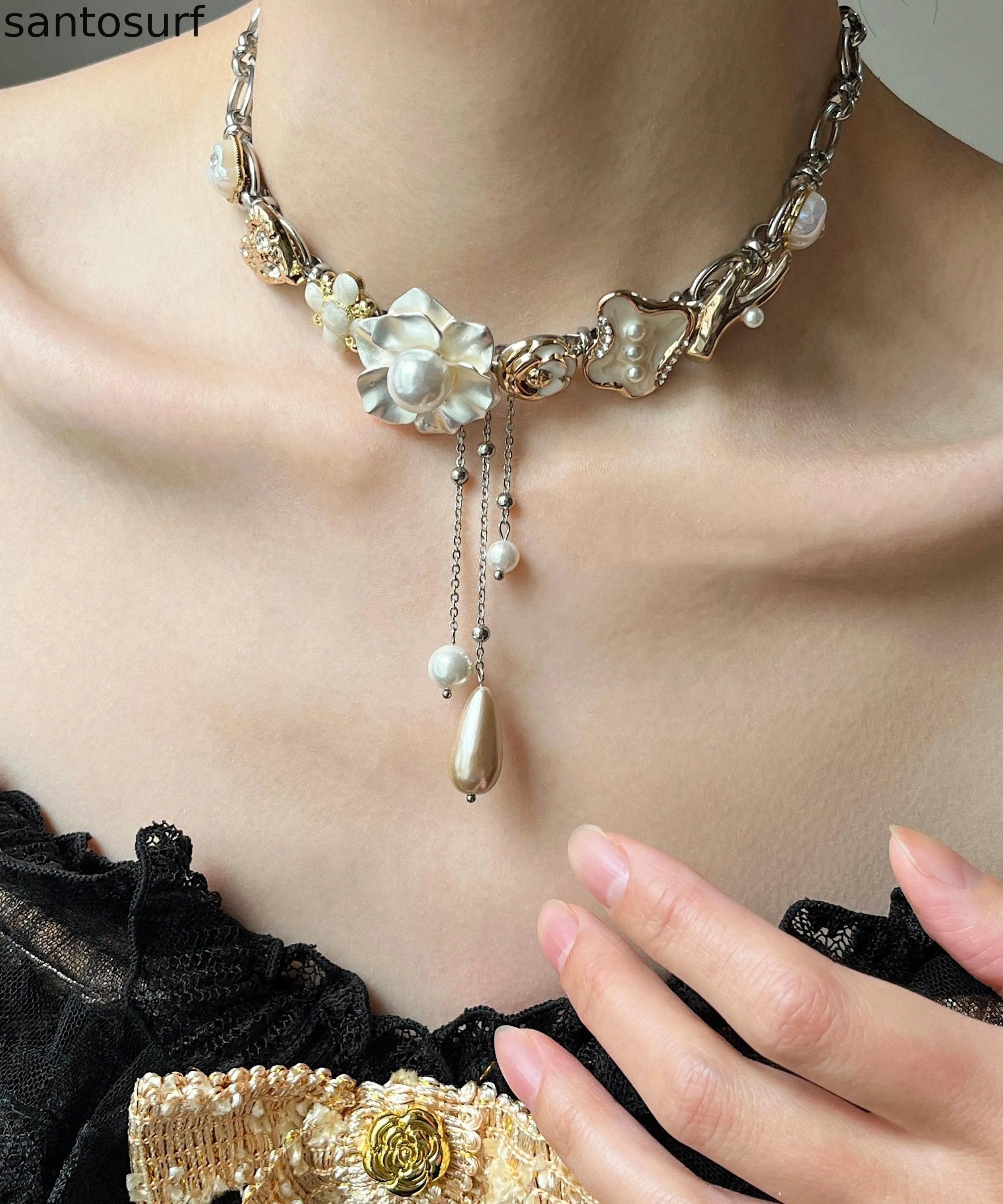 Chic White Floral Tassel Pearl Adjustable Alloy Choker