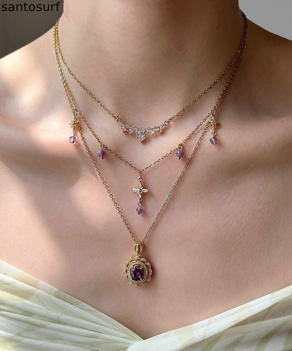 Retro Purple Zircon Layering Alloy Two Piece Set Pendant Necklace