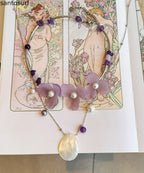 Floral Purple Pearl Shell Alloy Two Piece Set Pendant Necklace
