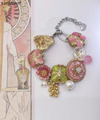 Fashion Rainbow Stainless Steel Floral Pearl Tassel Charm Bracelet