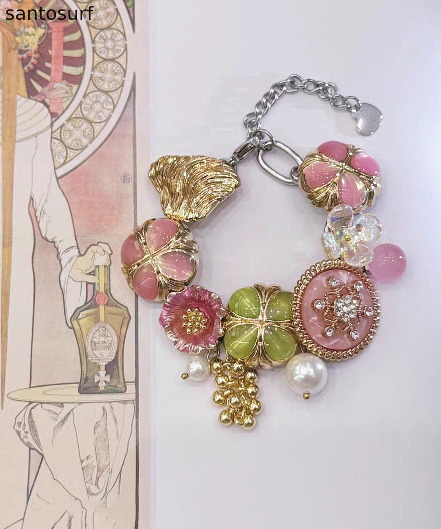 Fashion Rainbow Stainless Steel Floral Pearl Tassel Charm Bracelet