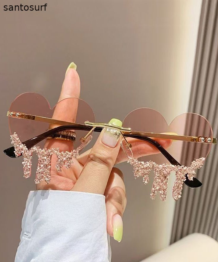 Novelty Black Metal Zircon Love Tear Frameless Sunglasses