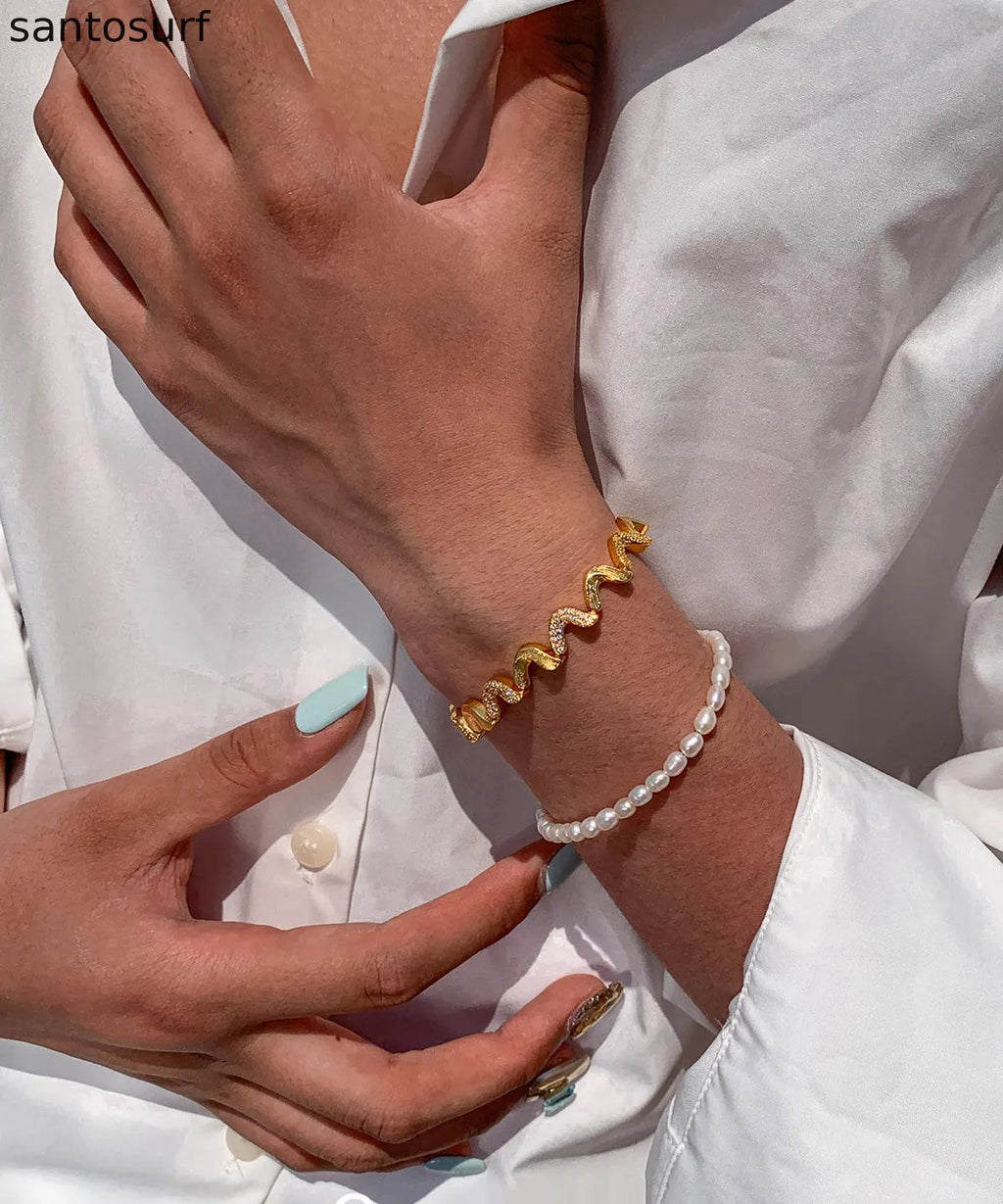 Chic Zircon Double-layer Metal And Pearl Bracelet Two Pieces Set